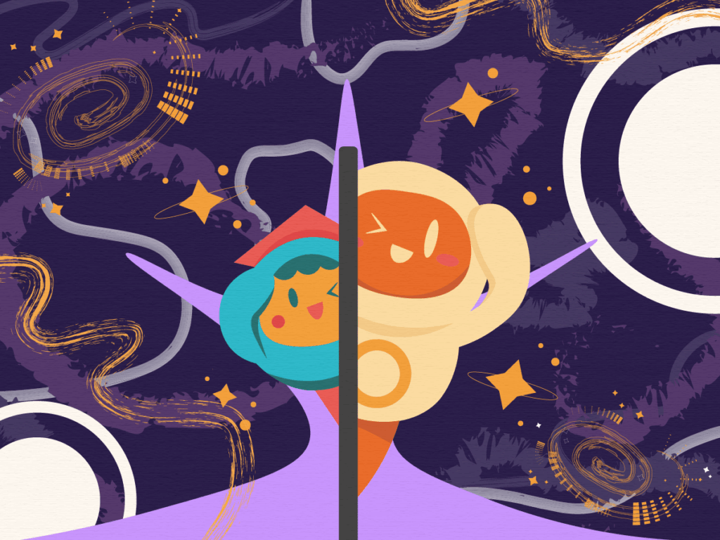 A capa é um desenho. Nele há um espaço cósmico estilizado, com tons predominantes de roxo escuro e detalhes em laranja, amarelo e branco. Há formas que lembram galáxias, estrelas, nebulosas e espirais de energia, ondulados e circulares. Uma linha vertical escura divide a imagem em duas metades. Essa divisão marca contraste entre os dois personagens principais. Ao lado esquerdo tem um personagem feminino cartunesco com cabelo azul, rosto amarelo e bochechas coradas. Ela tem uma expressão alegre e está com o punho na cabeça em posição de ação. Ao lado direito há um personagem em traje de astronauta com capacete laranja e expressão determinada. Ele está em posição de ação, com o punho à frente, como se estivesse pronto para enfrentar algo.